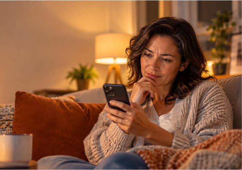 Woman sitting on a couch in a warmly lit living room, thoughtfully looking at her smartphone with her hand resting against her chin.