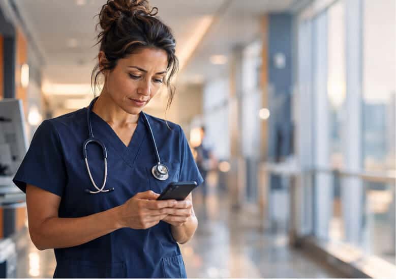 Healthcare professional wearing navy blue scrubs and a stethoscope looks at her smartphone while standing in a bright, modern hospital corridor.
