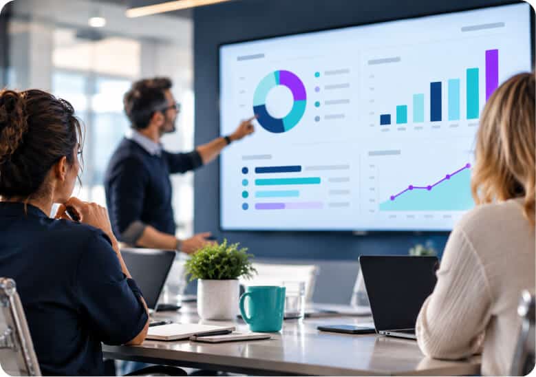 Business professional presenting analytics dashboards with colorful charts and graphs on a large screen while two colleagues review the data in a modern conference room.