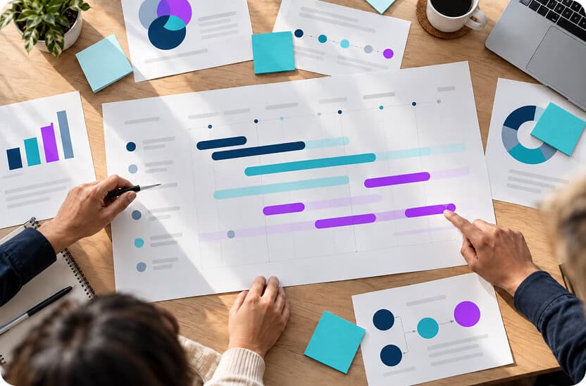 Overhead view of a team reviewing a project timeline with color-coded bars in navy, teal, and purple, surrounded by data charts, sticky notes, and a laptop on a wooden desk.