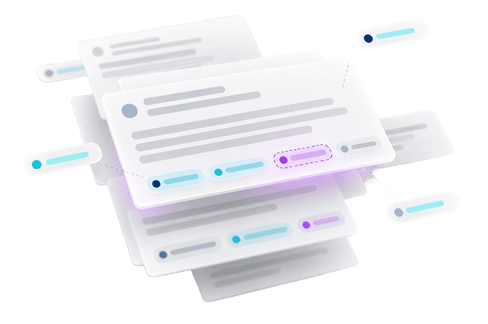 Abstract illustration of layered digital content cards with highlighted data tags in navy, teal, and purple, representing AI-powered content analysis and optimization.