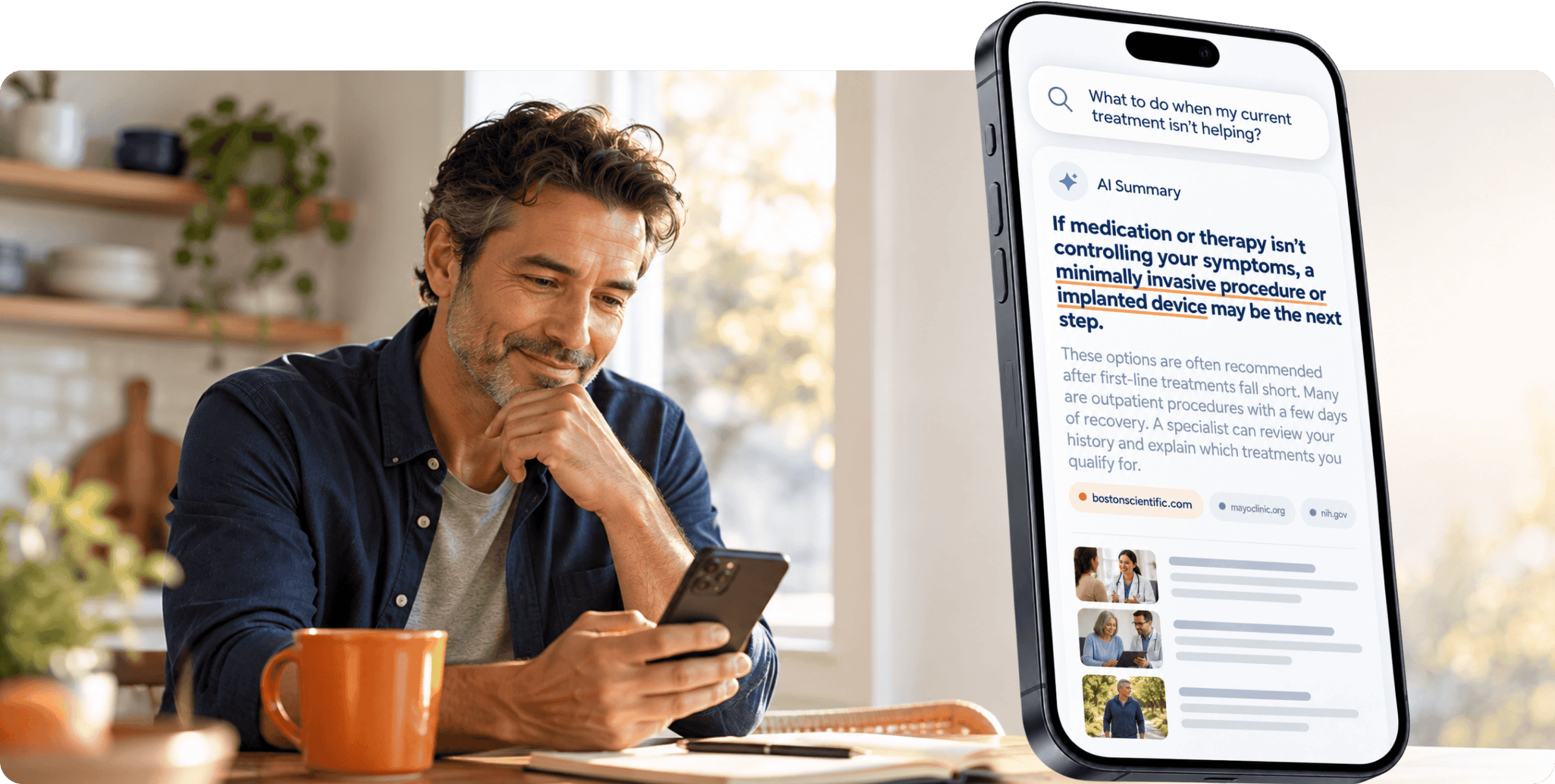A man at home looks at his smartphone beside an enlarged AI search summary about minimally invasive treatment options, highlighting Boston Scientific as a cited source alongside Mayo Clinic and NIH.