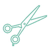 Minimal teal line illustration of an open pair of hairstyling scissors.