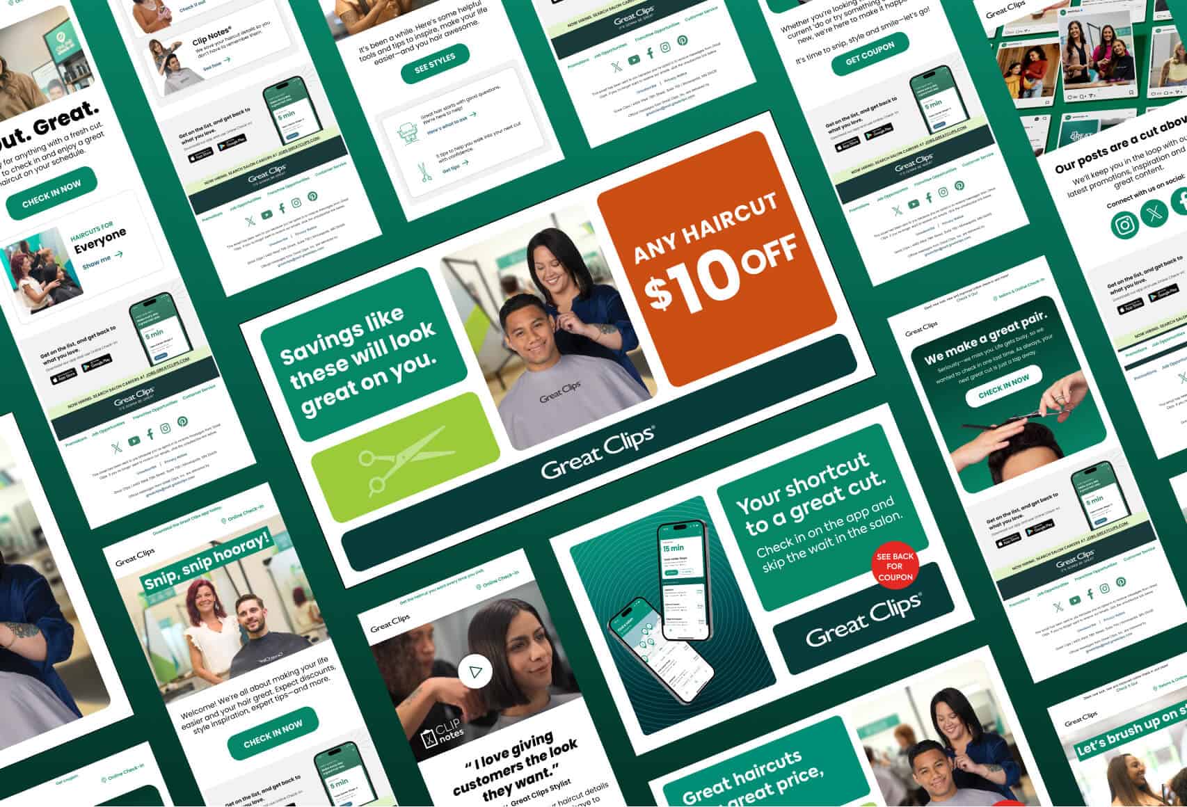 Collage of Great Clips digital marketing campaigns featuring promotional emails, social media posts, mobile app messaging, and a $10 off haircut offer, showcasing consistent branding and customer engagement across channels.