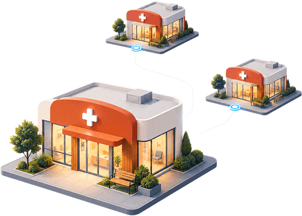 Isometric 3D illustration of three modern veterinary hospitals connected by curved lines and glowing blue nodes, representing a connected network of pet care locations.