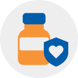 Flat illustration of an orange medicine bottle with a blue cap and a blue shield featuring a white heart, representing medication safety and protection.