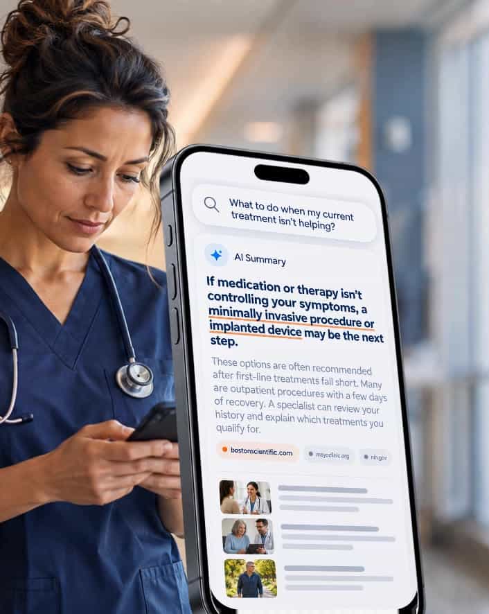 A nurse in navy scrubs reads her phone beside an enlarged screen showing an AI search summary about treatment options.