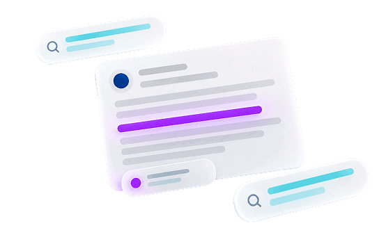 Abstract illustration of a digital content card with a highlighted purple text passage, surrounded by search bars and data tags in navy, teal, and purple, representing AI search content optimization.