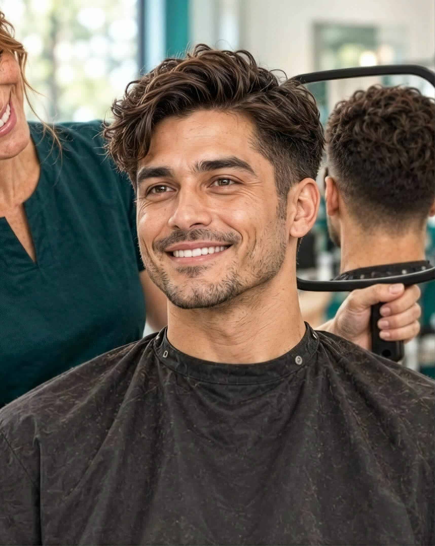 A smiling stylist holds up a hand mirror so a client can see the back of his fresh haircut in a bright salon.