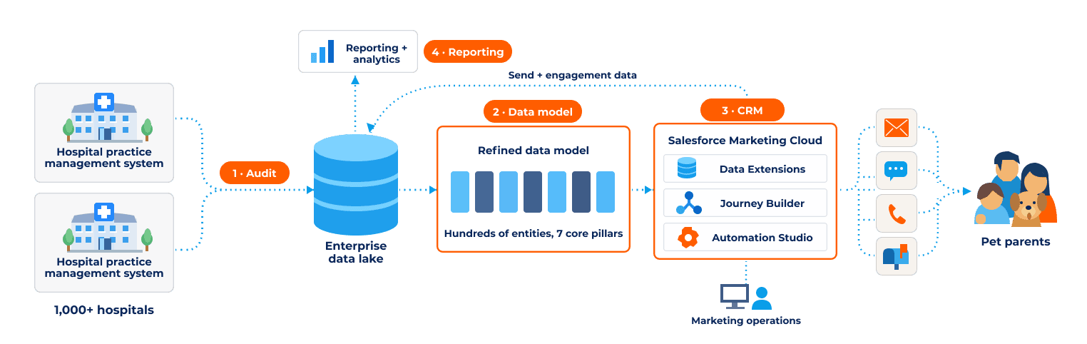 Flow diagram showing how data from over 1,000 hospitals is audited, consolidated into an enterprise data lake, refined into a unified data model, and integrated with Salesforce Marketing Cloud to deliver personalized communications to pet parents, with reporting and analytics supporting the process.