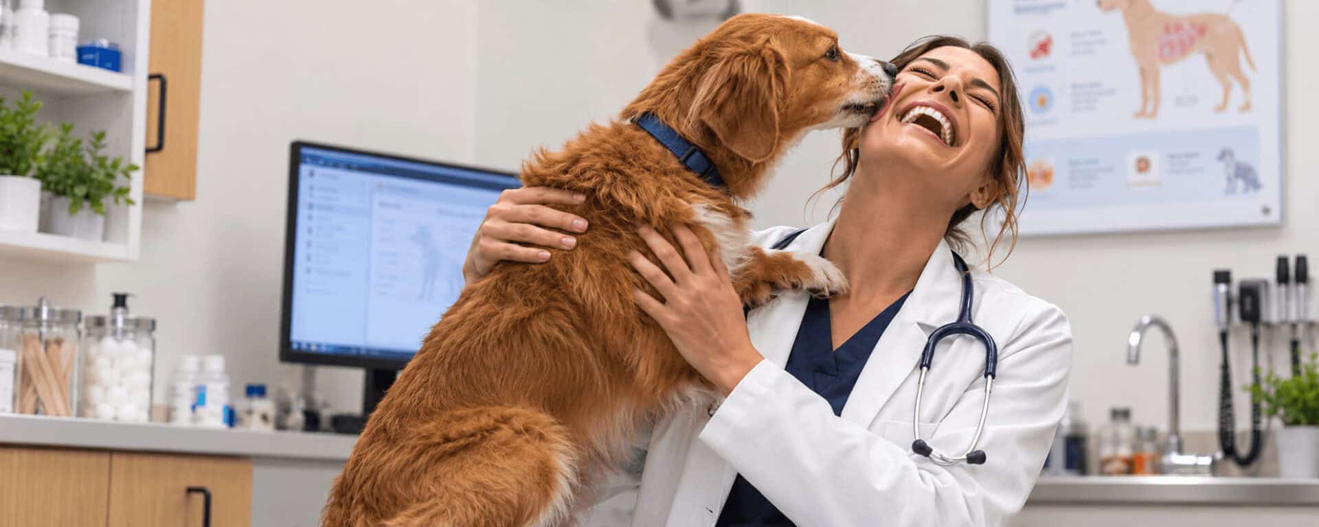 Smiling veterinarian in a white lab coat and navy scrubs holding a golden retriever as it licks her cheek in a bright veterinary exam room.