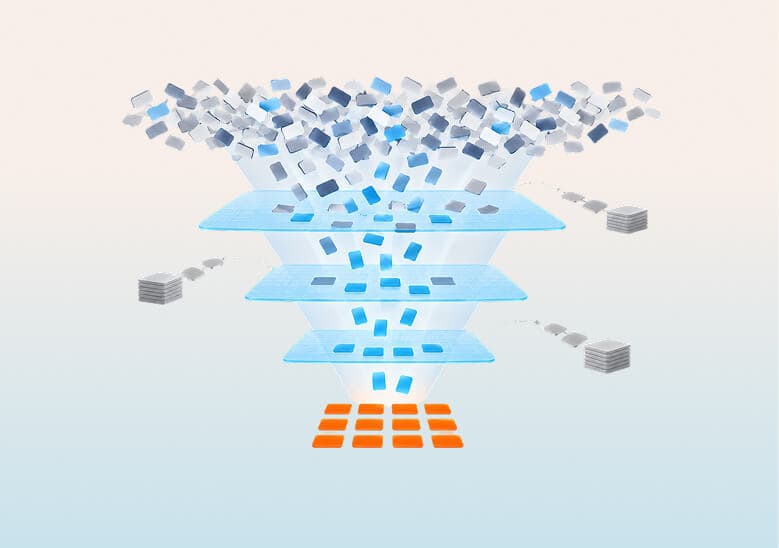 Abstract data processing illustration showing scattered blue and gray data blocks passing through three glowing blue filtering layers and emerging as organized orange data blocks.