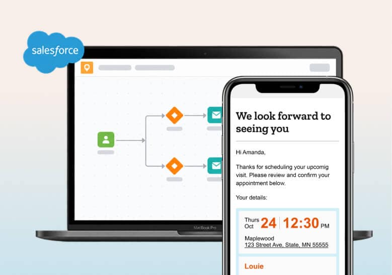 Salesforce Marketing Cloud visualization featuring an automated customer journey on a laptop and a mobile appointment confirmation email for an upcoming veterinary visit.
