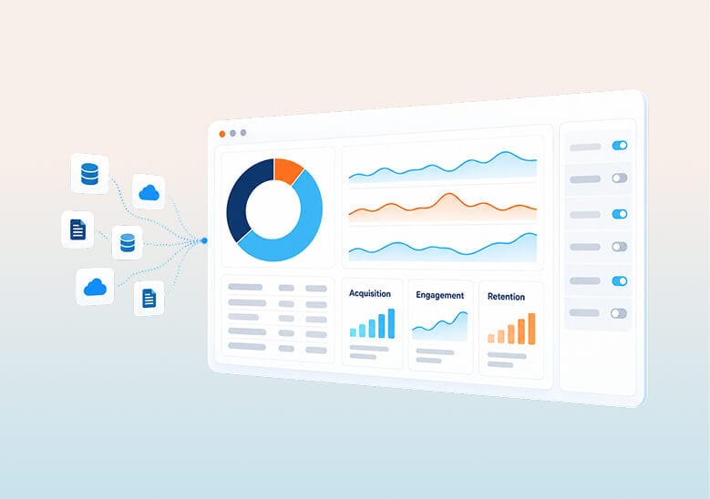 Data analytics dashboard illustration showing multiple connected data sources feeding into visualizations of acquisition, engagement, and retention metrics, with charts, graphs, and configuration controls.