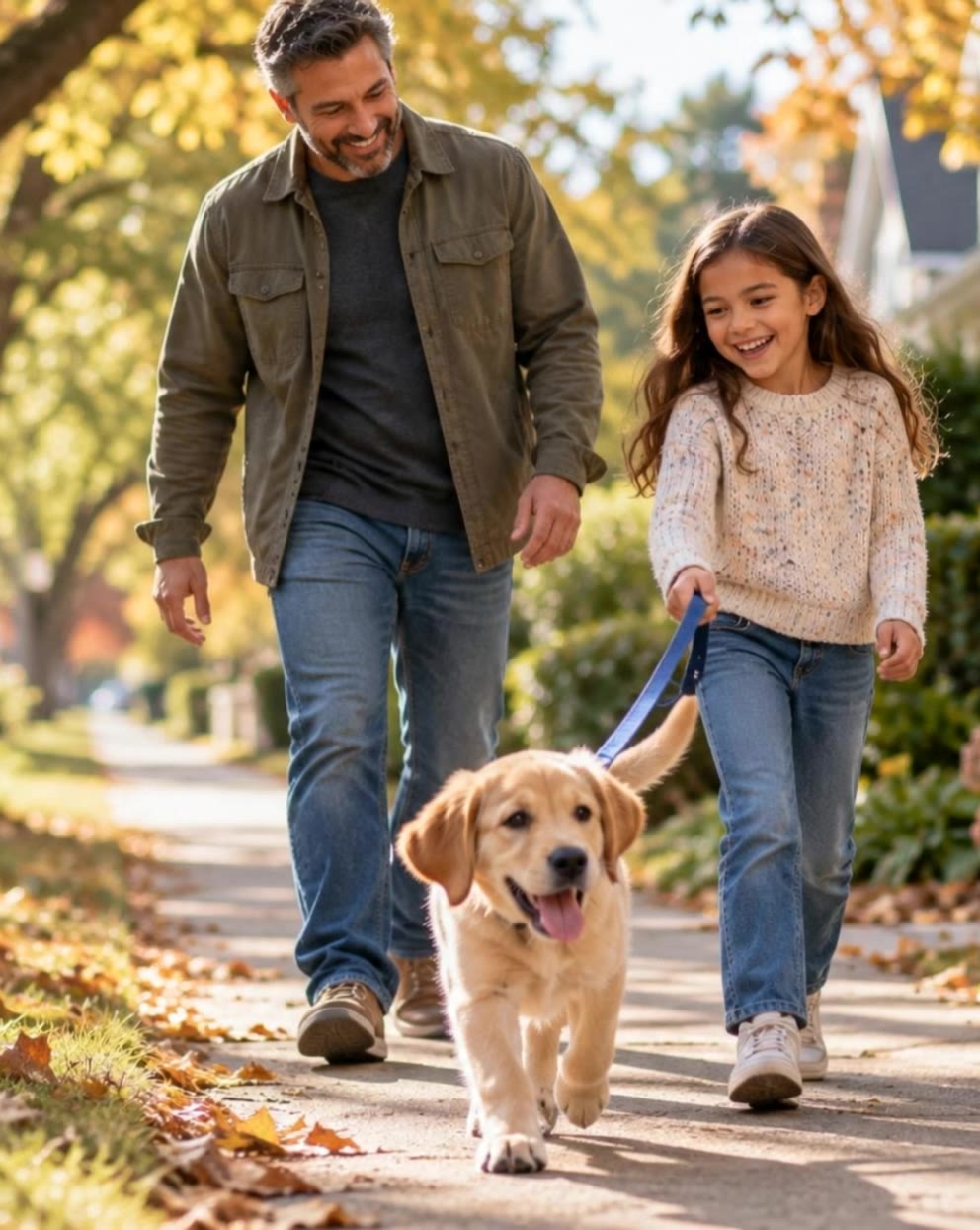 Smiling father and daughter walking a golden retriever on a leash along a sunlit neighborhood sidewalk surrounded by colorful autumn foliage.